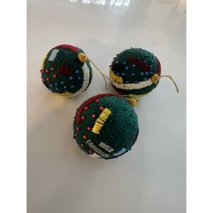 West Elm Teal Embroidered  Beaded Felt ball ornament Christmas LOT OF 3